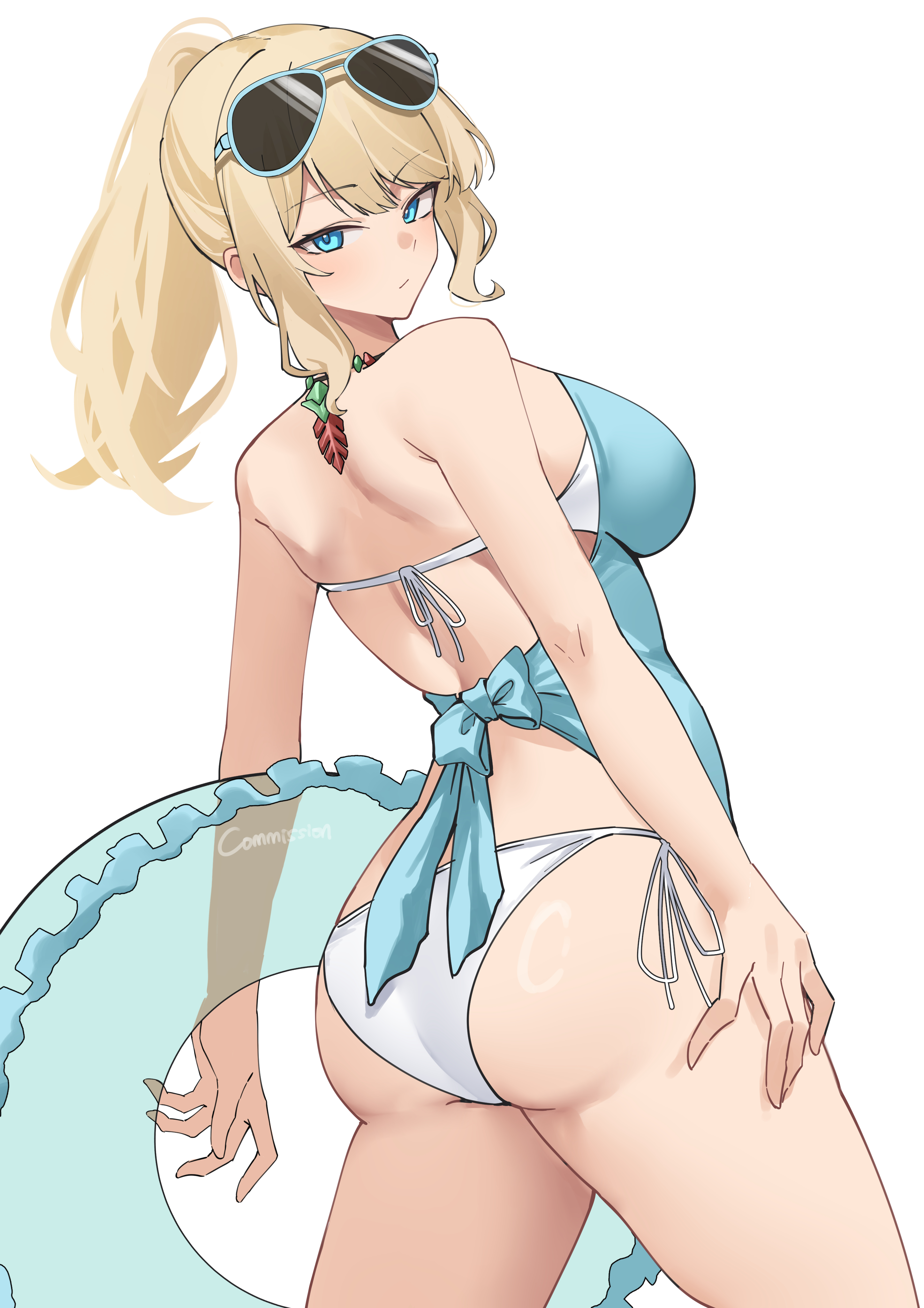 pinepin, original, absurdres, commission, highres, 1girl, ass, bikini, blue-framed eyewear, blue eyes, blue one-piece swimsuit, breasts, casual one-piece swimsuit, eyewear on head, from behind, front-tie top, long hair, looking back, one-piece swimsuit, ponytail, side-tie bikini bottom, sunglasses, swim ring, swimsuit, white bikini
