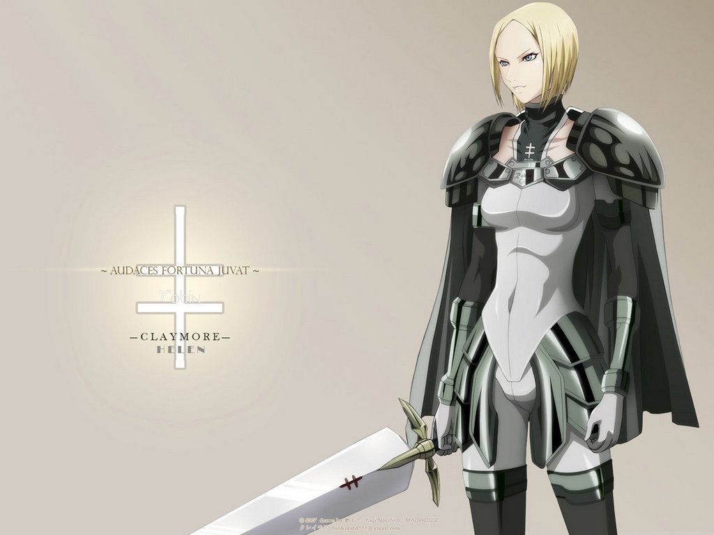 helen, claymore (series), 00s, 1girl, armor, blonde hair, cape, claymore (sword), female focus, grey eyes, latin text, short hair, smile, smirk, solo, sword, thighhighs, weapon