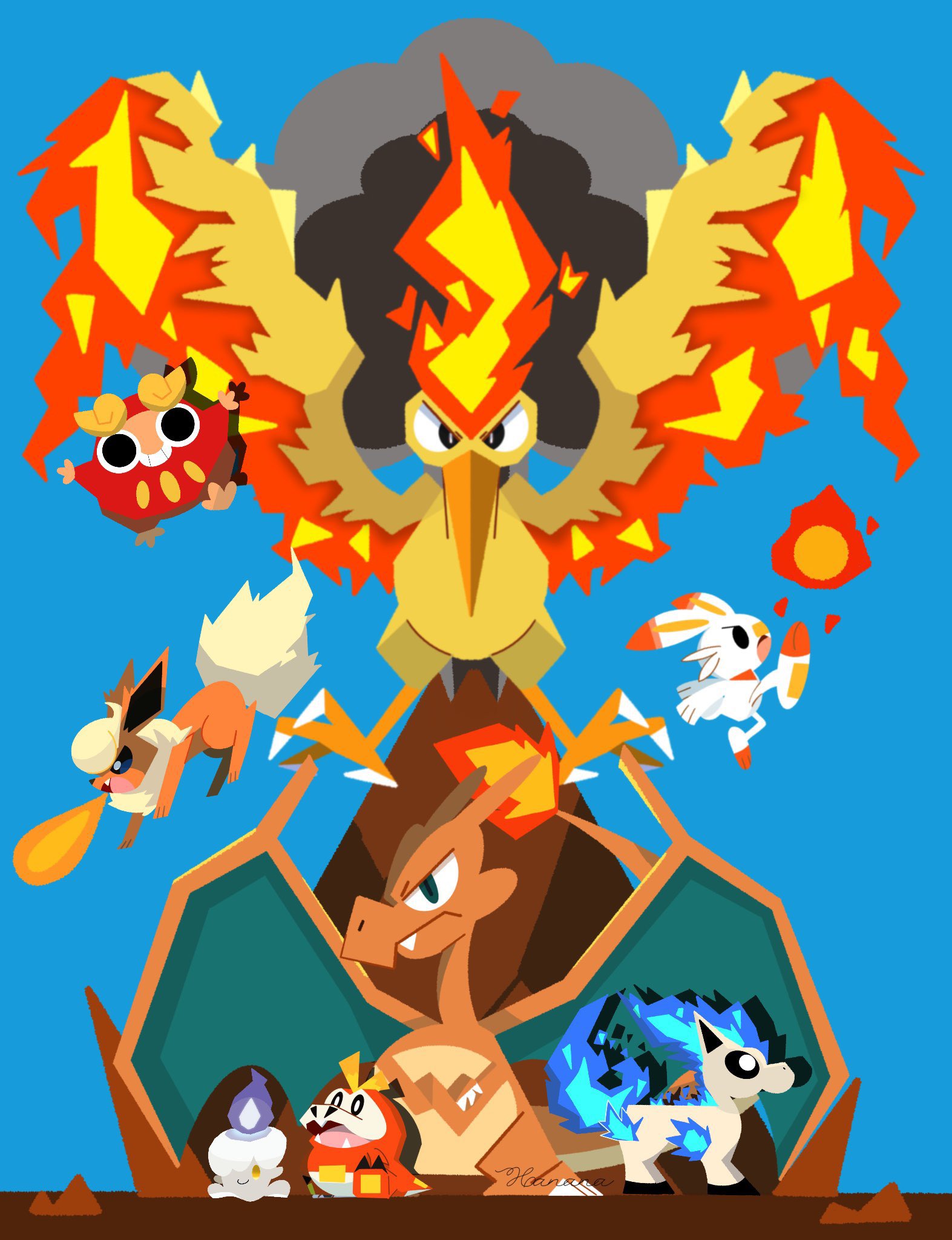 iltuki, charizard, darumaka, flareon, fuecoco, litwick, moltres, ponyta, scorbunny, nintendo, pokemon, highres, alternate color, animal focus, bird, blue fire, breath weapon, breathing fire, candle, claws, closed mouth, fiery hair, fiery tail, fiery wings, fire, flame-tipped tail, full body, gen 1 pokemon, gen 5 pokemon, gen 8 pokemon, horse, legendary pokemon, no humans, open mouth, pokemon (creature), pokemon focus, purple fire, rabbit, shiny pokemon, smile, smoke, tail, volcano, wings