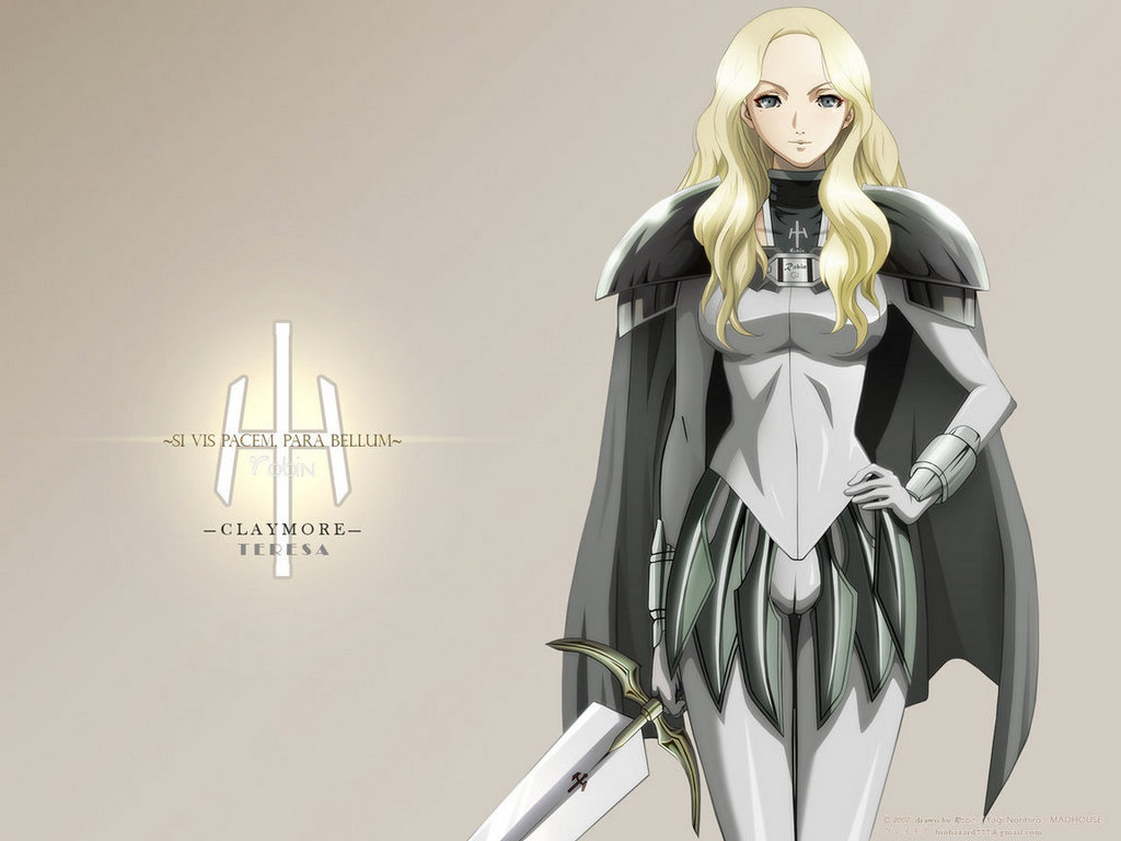 teresa, claymore (series), 00s, 1girl, armor, blonde hair, cape, claymore (sword), female focus, grey eyes, latin text, light smile, long hair, solo, sword, wavy hair, weapon
