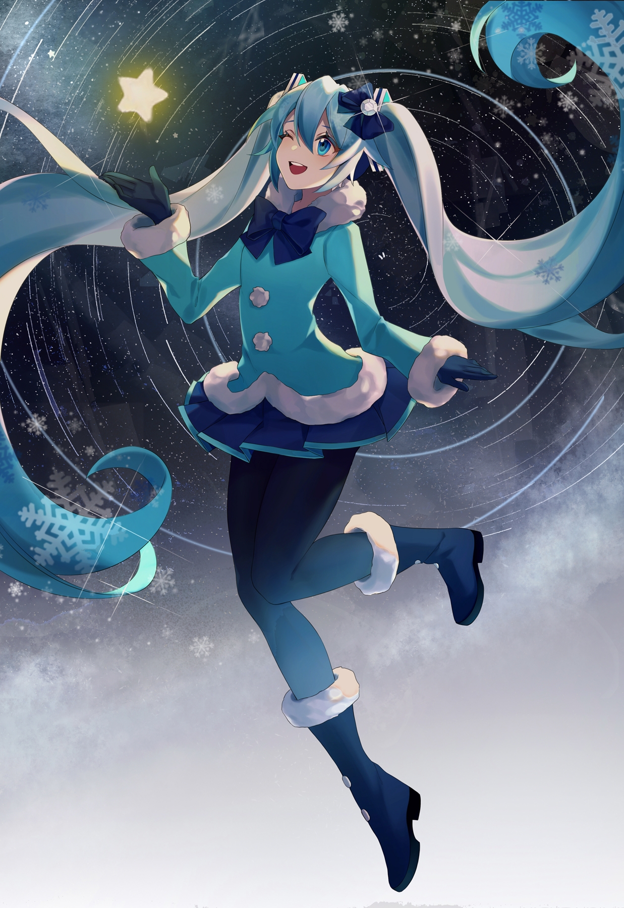 heridy, hatsune miku, yuki miku, yuki miku (2012), vocaloid, highres, 1girl, aqua hair, black pantyhose, blue bow, blue eyes, blue gloves, boots, bow, coat, fur-trimmed boots, fur-trimmed coat, fur-trimmed sleeves, fur trim, gem hair ornament, gloves, hair between eyes, hair bow, jewelry, looking up, official alternate costume, one eye closed, open mouth, pantyhose, smile, snowflakes, solo, star (symbol)
