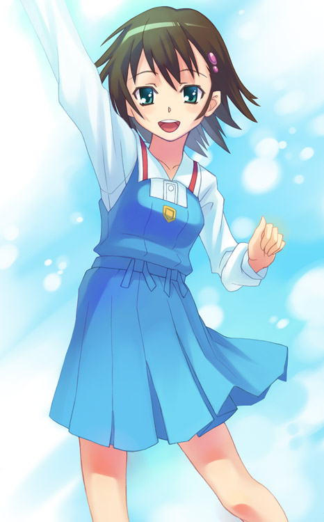 oryo (oryo04), isurugi noe, true tears, 00s, brown hair, green eyes, school uniform, serafuku, short hair, solo