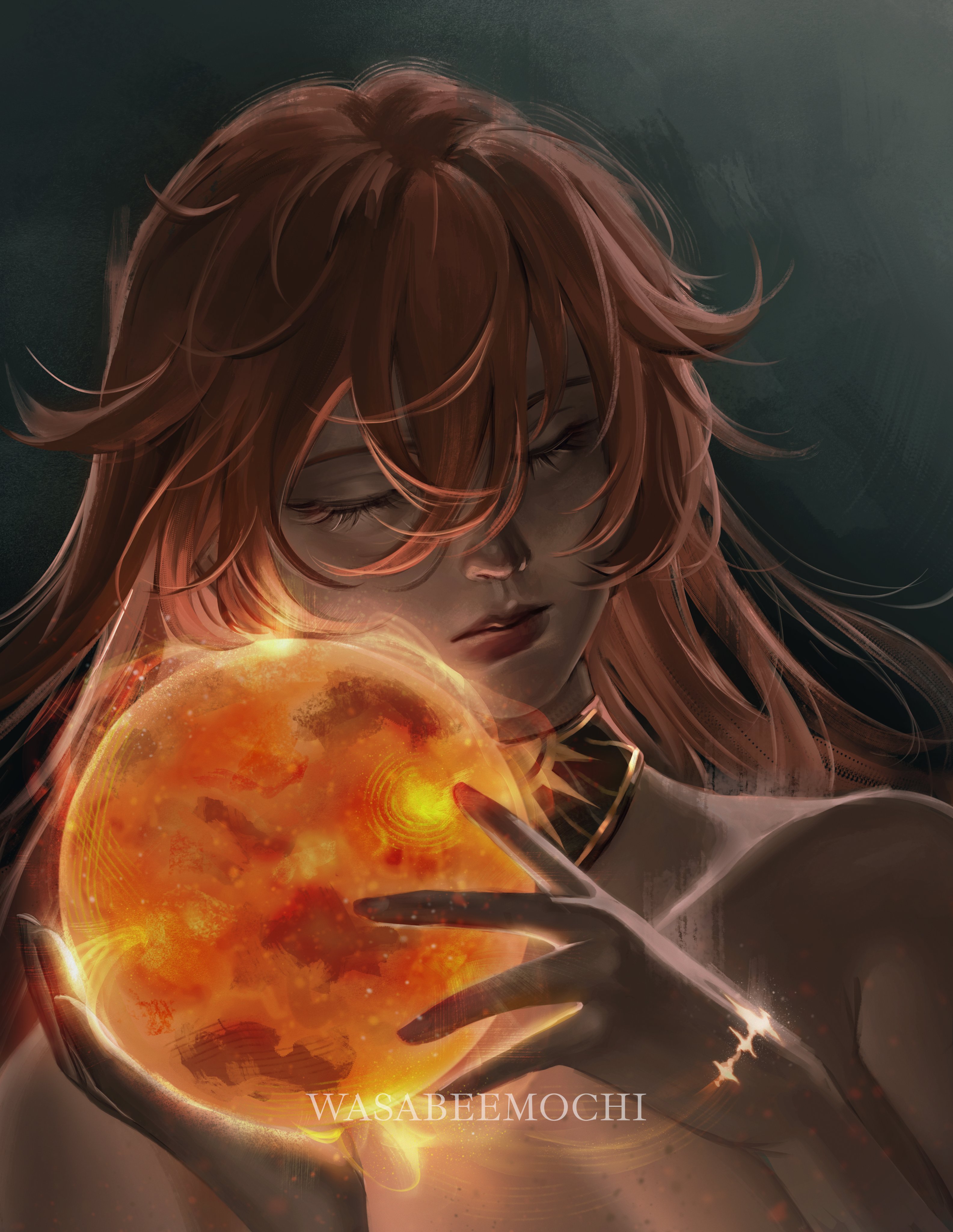 wasabeemochi, augusta (wuthering waves), wuthering waves, absurdres, commentary, english commentary, highres, 1girl, artist name, black collar, closed eyes, closed mouth, collar, facing viewer, hair between eyes, holding orb, implied nudity, long hair, portrait, solo, tacet mark (wuthering waves)