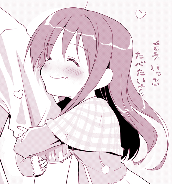 tsukigami runa, original, 1girl, blush, monochrome, pink theme, plaid clothes, plaid scarf, scarf, smile, solo focus