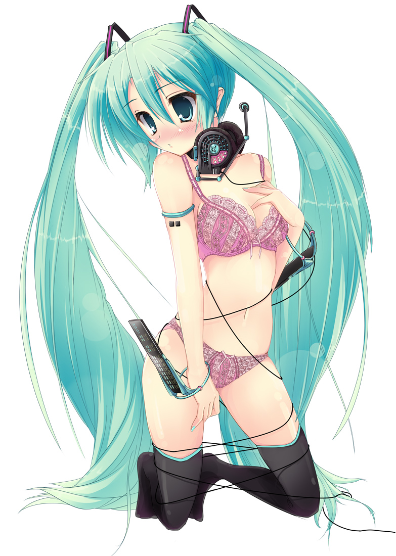 ayase hikaru, hatsune miku, vocaloid, 1girl, aqua eyes, aqua hair, blush, bow, bow bra, bow panties, bra, female focus, headphones, kneeling, lace, lace bra, lace panties, lingerie, long hair, panties, pink bra, pink panties, solo, thighhighs, twintails, underwear, underwear only, very long hair