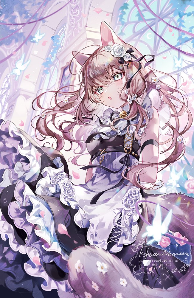 coco7, original, 1girl, animal ears, armband, bell, black armband, black dress, black ribbon, blush, breasts, brown hair, bug, butterfly, cat ears, cat girl, cat tail, dress, flower, frills, green eyes, hair flower, hair ornament, hair ribbon, indoors, insect, layered dress, long hair, neck bell, open mouth, purple dress, ribbon, sleeveless, sleeveless dress, tail, white dress, window