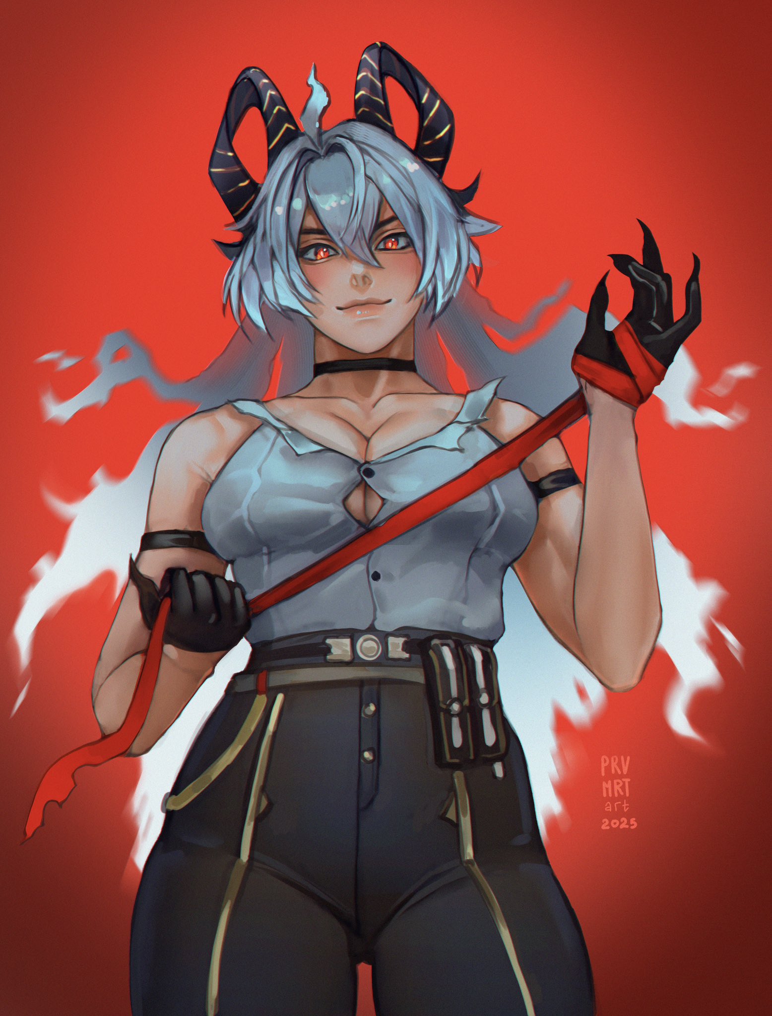 zani (wuthering waves), wuthering waves, commentary, highres, symbol-only commentary, 1girl, ahoge, arm strap, artist name, black choker, black gloves, black horns, black pants, button gap, choker, closed mouth, collarbone, cowboy shot, curled horns, dated, gloves, grey hair, hair between eyes, high-waist pants, holding necktie, horns, long hair, looking at viewer, necktie, pants, prvmrtart, red background, red eyes, red necktie, shirt, shirt tucked in, smile, solo, tight clothes, tight pants, unworn necktie, very long hair, white shirt