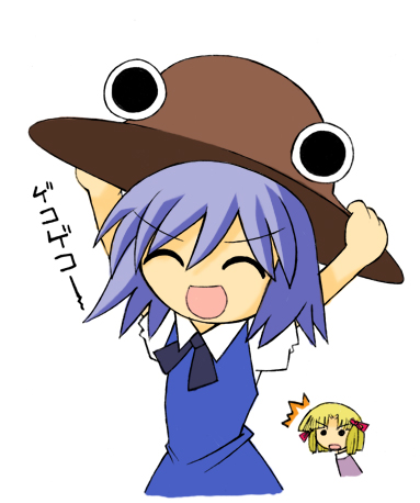 cirno, moriya suwako, touhou, lowres, 2girls, ^^^, chibi, female focus, hat, multiple girls
