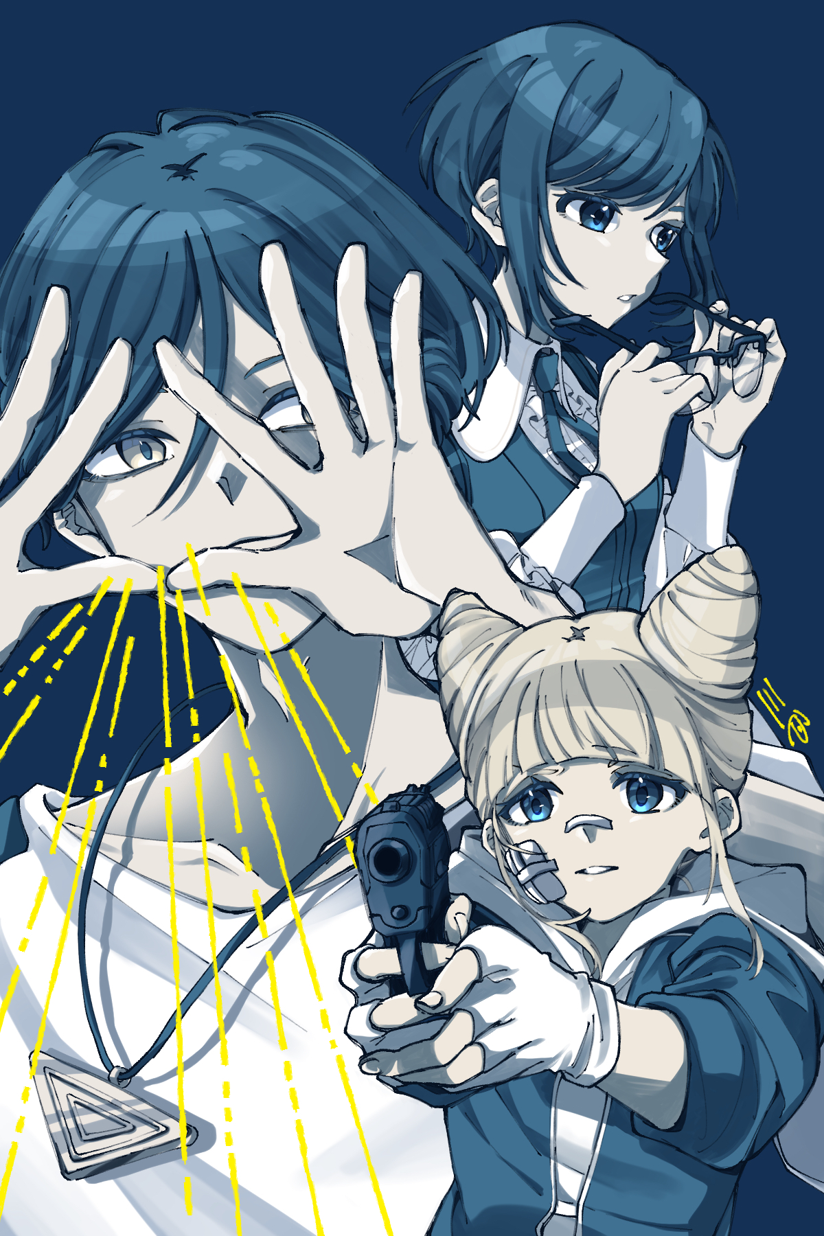 fukurai azami, jasmine (toshi densetsu kaitai center), meguriya ayumu, toshi densetsu kaitai center, commentary request, highres, 2girls, bandaid, bandaid on face, bandaid on nose, blonde hair, blue background, blue eyes, blue hair, blunt bangs, collared shirt, cone hair bun, double bun, frilled shirt, frilled sleeves, frills, gauze, gauze on cheek, glasses, gloves, gun, hair bun, handgun, hands up, holding, holding gun, holding removed eyewear, holding weapon, limited palette, long sleeves, looking at viewer, mishiki (rsl 030), multiple girls, partially fingerless gloves, shirt, short hair, smile, triangle hands, triangle necklace, unworn eyewear, upper body, weapon