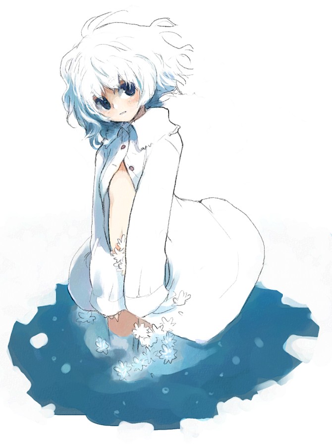 sakana45, original, bad id, bad pixiv id, 1girl, blue eyes, coat, female focus, no bra, solo, white hair