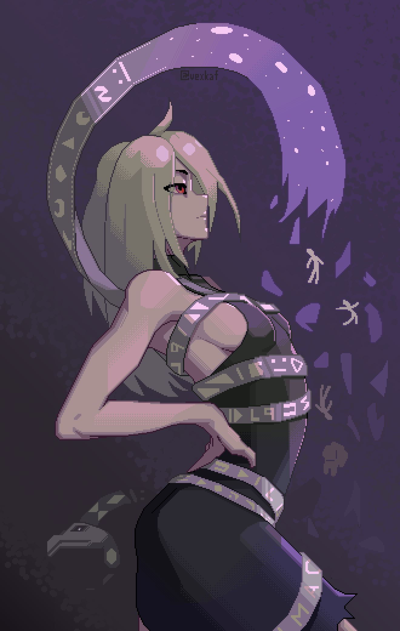 vexkaf, yuiman asama, touhou, highres, 1girl, arched back, bare shoulders, black dress, breasts, dress, from side, hand on own hip, pixel art, purple background, red eyes, ribbon around body, sideboob, sleeveless, sleeveless dress, snake, torn ribbon, white hair