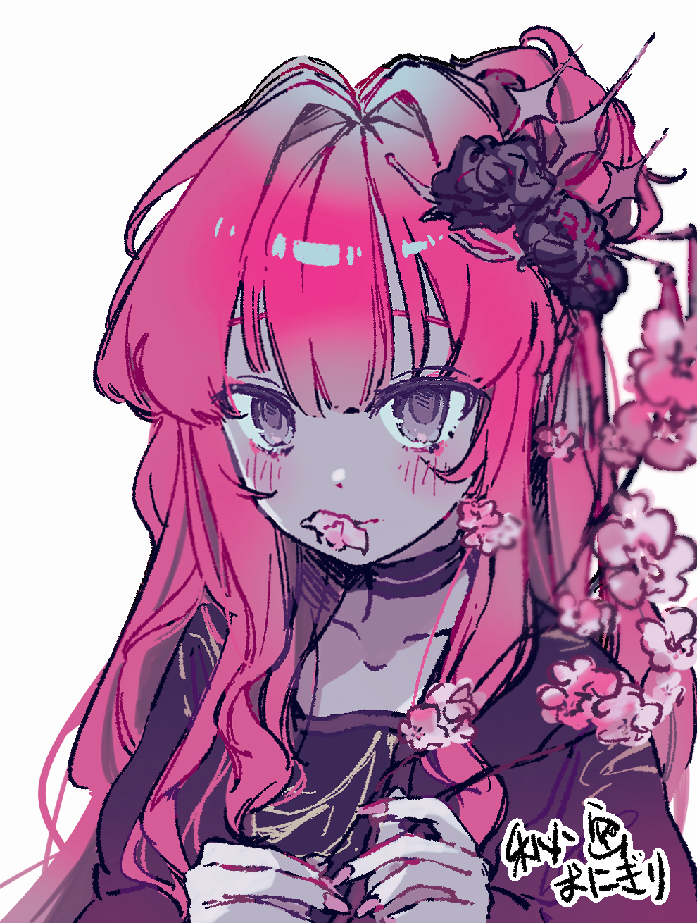 himitsu onigiri, baobhan sith (dream portrait) (fate), baobhan sith (fate), fate/grand order, fate (series), highres, 1girl, black shirt, blush, breasts, choker, flower, grey eyes, hair flower, hair ornament, long hair, long sleeves, looking at viewer, medium breasts, pink hair, pointy ears, shirt, sidelocks, solo