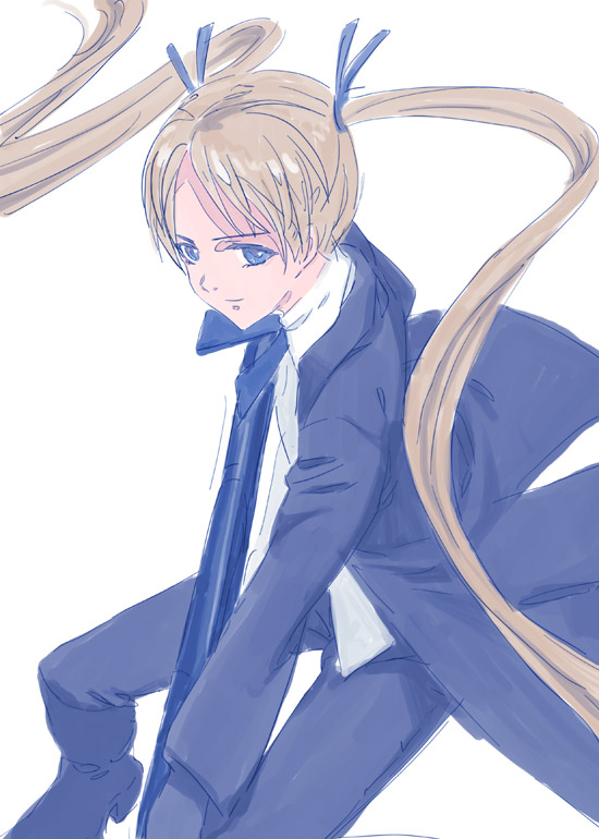 kawamura rukanan, triela, gunslinger girl, 00s, 1girl, blonde hair, blue eyes, blue necktie, collared shirt, dark-skinned female, dark skin, female focus, jacket, long hair, long sleeves, looking at viewer, necktie, open clothes, open jacket, pants, shirt, simple background, solo, twintails, very long hair, white background, white shirt