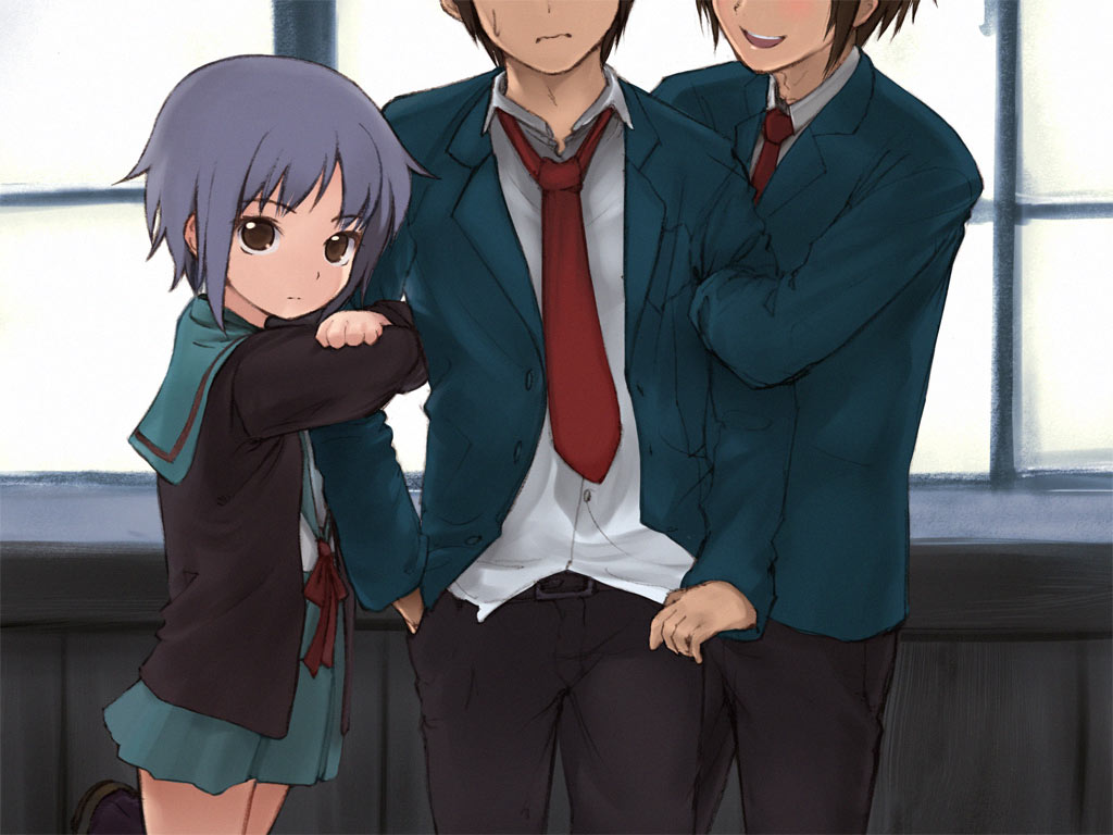 negy, koizumi itsuki, kyon, nagato yuki, suzumiya haruhi no yuuutsu, arm grab, light purple hair, 00s, 1girl, 2boys, arm hug, blazer, blush, brown eyes, brown hair, cardigan, closed mouth, expressionless, grey hair, hand in pocket, head out of frame, height difference, hug, indoors, jacket, kita high school uniform, looking at viewer, multiple boys, necktie, open mouth, purple hair, ribbon, sailor collar, school uniform, serafuku, short hair, skirt, standing, sweat, teeth, wavy mouth, window