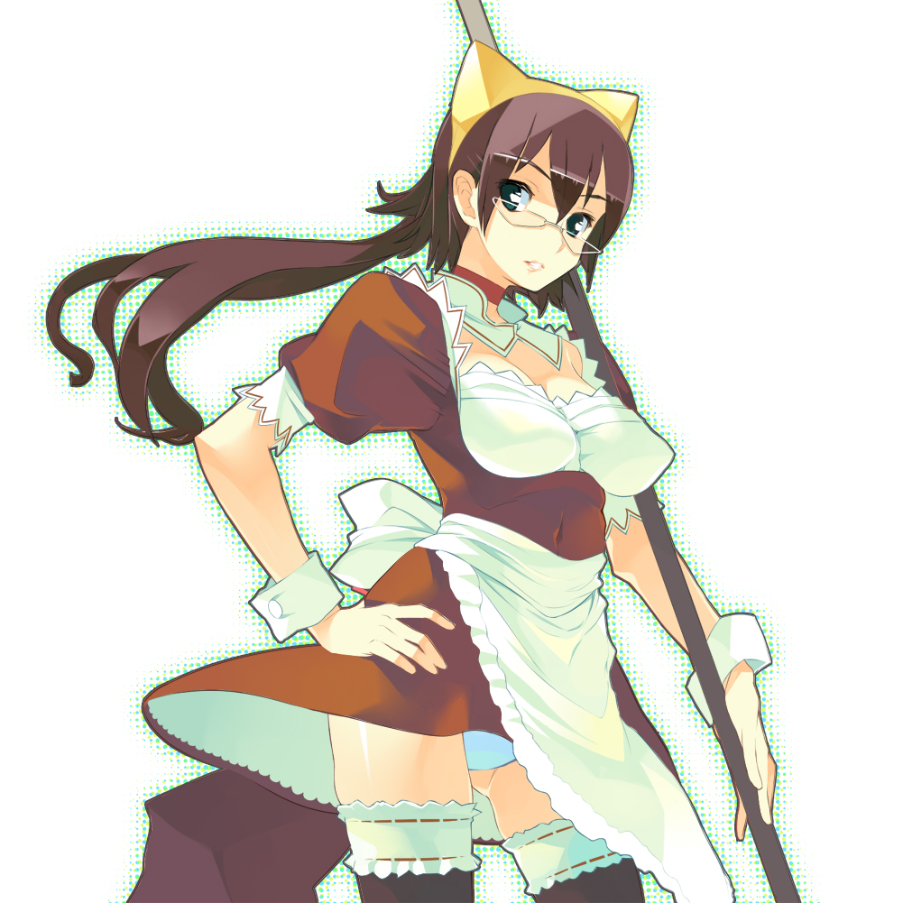 ryuuta, ryuuta (msxtr), 1girl, blue panties, cowboy shot, detached collar, female focus, glasses, hand on own hip, panties, pantyshot, solo, thighhighs, underwear, waitress, zettai ryouiki