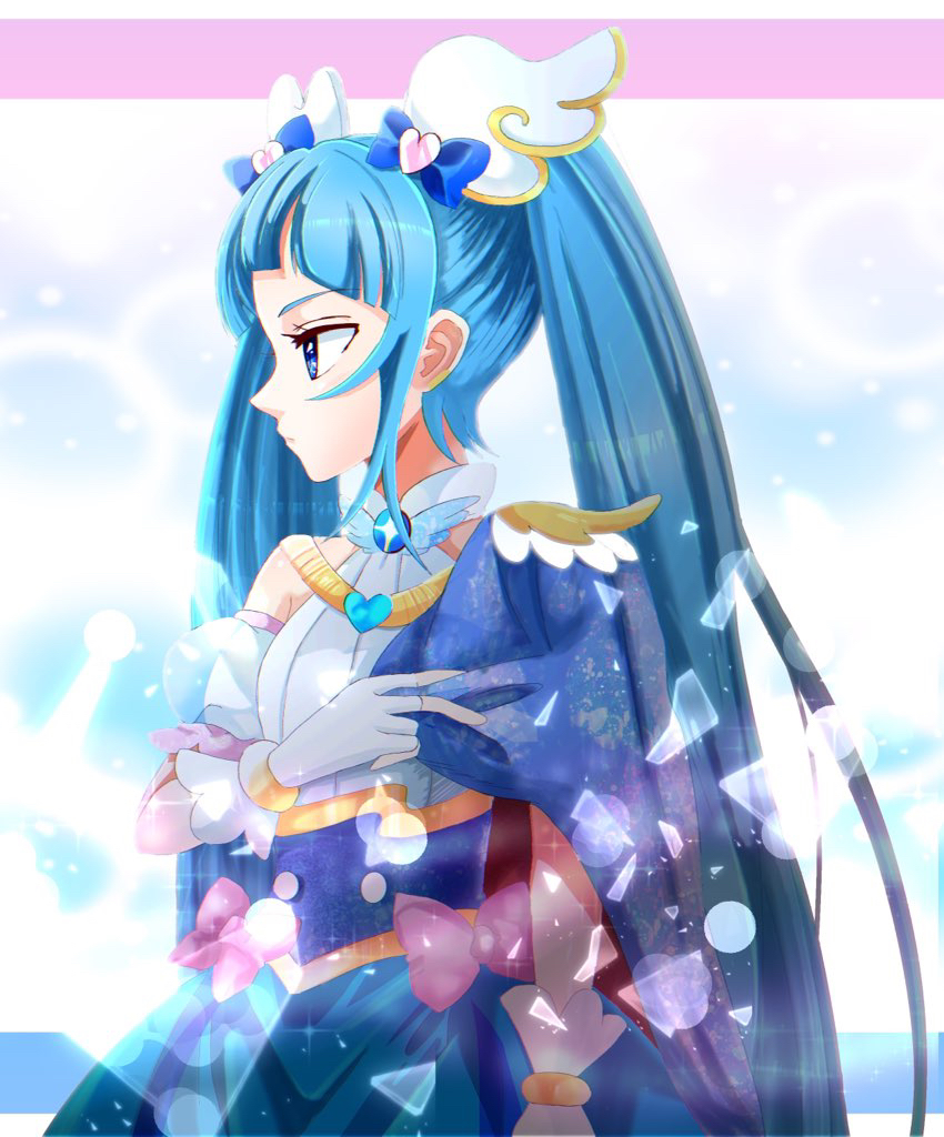 komanana320, cure sky, sora harewataru, hirogaru sky! precure, precure, commentary, 1girl, adjusting cape, blue cape, blue dress, blue eyes, blue hair, bow, brooch, cape, closed mouth, cut bangs, detached sleeves, dress, dress bow, earclip, fingerless gloves, from side, frown, gloves, hair ornament, jewelry, long hair, looking to the side, magical girl, pink bow, puffy detached sleeves, puffy sleeves, red cape, single sidelock, sleeveless, sleeveless dress, solo, sparkle, twintails, two-sided cape, two-sided fabric, two-tone dress, very long hair, white dress, white gloves, wing brooch, wing hair ornament
