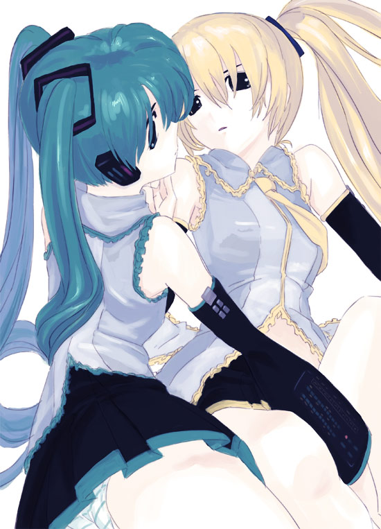 kawamura rukanan, akita neru, hatsune miku, vocaloid, 2girls, bare shoulders, detached sleeves, fingering, long hair, multiple girls, panties, striped clothes, striped panties, twintails, underwear, very long hair, yuri