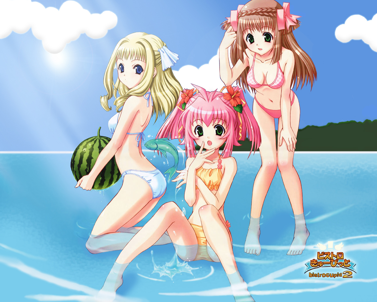 pandaki (aki), celery periwinkle, cherry maple, sorrel nasturtium, bistro cupid, bistro cupid (series), bistro cupid 2, 3girls, :o, back, barefoot, beach, bent over, bikini, blonde hair, blue bikini, blue eyes, blush, braid, breasts, brown hair, cleavage, cloud, copyright name, crown braid, day, feet, fish, flat chest, flower, food, fruit, green eyes, hair flower, hair ornament, hair ribbon, hibiscus, holding, holding food, holding fruit, holding watermelon, kneeling, logo, long hair, looking back, medium breasts, multiple girls, navel, open mouth, outdoors, pink bikini, pink hair, ribbon, short hair, short twintails, sitting, sky, splashing, spread legs, submerged, sun, surprised, swimsuit, thigh gap, thighs, twintails, wading, water, watermelon, yellow bikini