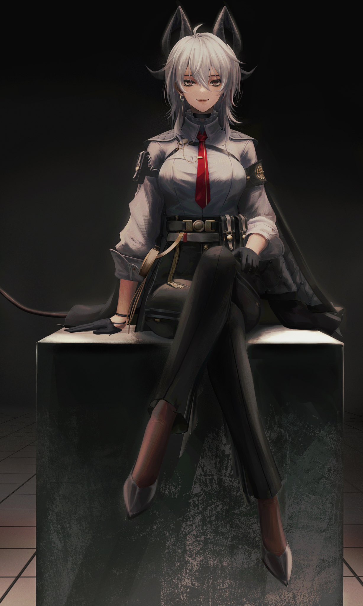 chika 232, zani (wuthering waves), wuthering waves, commentary, highres, 1girl, ahoge, arm pouch, armband, black armband, black choker, black eyes, black gloves, black horns, black jacket, black pants, black pantyhose, black shoes, black tail, breasts, chest harness, choker, collared shirt, crossed legs, curled horns, earrings, gloves, grey hair, hair between eyes, harness, high-waist pants, horns, jacket, jacket on shoulders, jewelry, key earrings, long hair, looking at viewer, medium breasts, necktie, pants, pantyhose, red necktie, shirt, shirt tucked in, shoes, sitting, solo, tight clothes, tight pants, white shirt