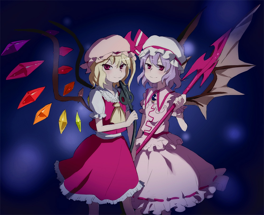 kazune (baumkuchen), mokeo, flandre scarlet, remilia scarlet, touhou, 2girls, bat wings, female focus, gradient background, hair between eyes, hat, mob cap, multiple girls, pink hat, siblings, simple background, sisters, skirt, wings