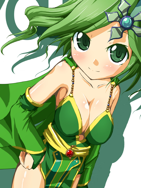 ichigo yu, rydia (adult) (ff4), rydia (ff4), final fantasy, final fantasy iv, 1990s (style), 1girl, blush, breasts, bridal gauntlets, cleavage, female focus, green eyes, green hair, hair ornament, large breasts, matching hair/eyes, retro artstyle, solo