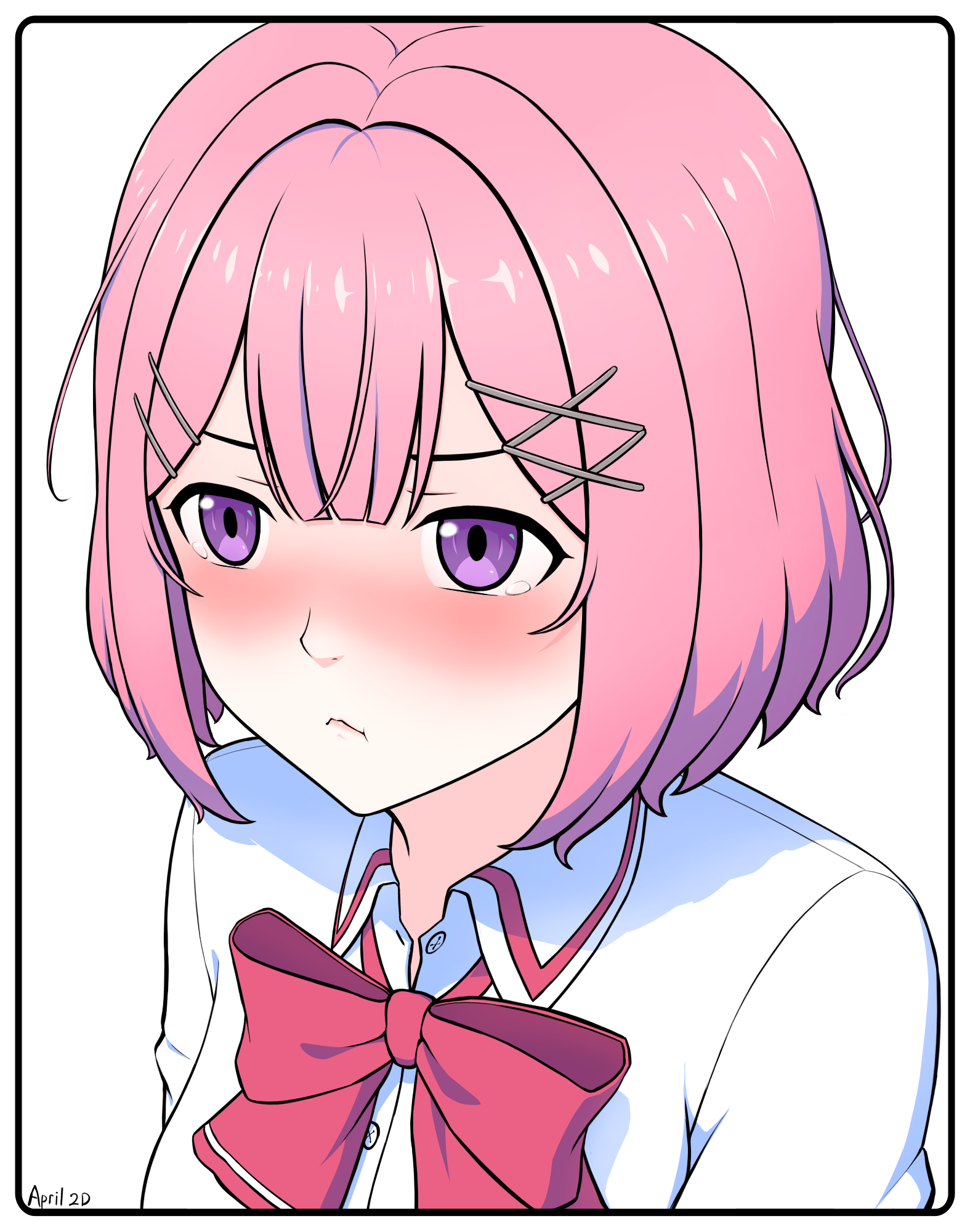 amaori renako, watashi ga koibito ni nareru wake naijan murimuri!, commentary, english commentary, highres, 1girl, april 2d, bow, bowtie, collared shirt, medium hair, pink hair, purple eyes, red bow, red bowtie, school uniform, shirt, solo, tearing up, upper body, white shirt