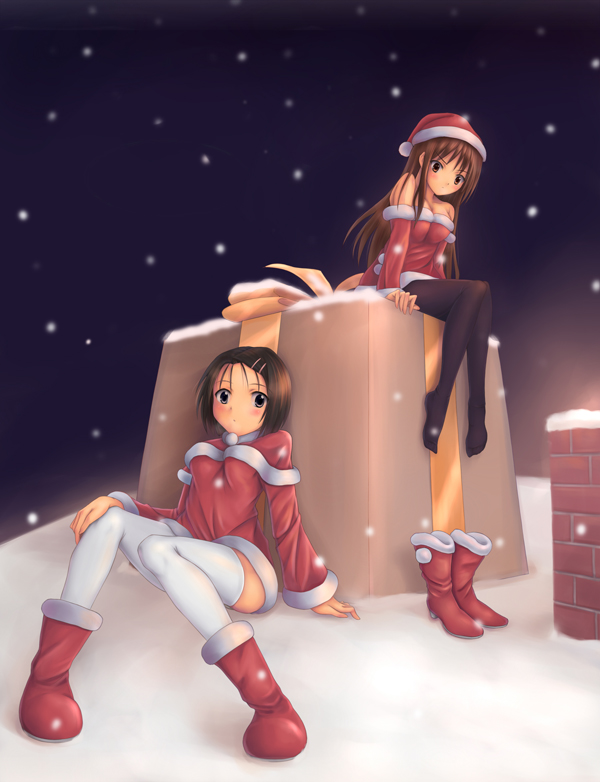 yuki usagi (mofurafu), kotegawa yui, sairenji haruna, to love-ru, 00s, bare shoulders, christmas, gift, hat, santa costume, santa hat, thighhighs