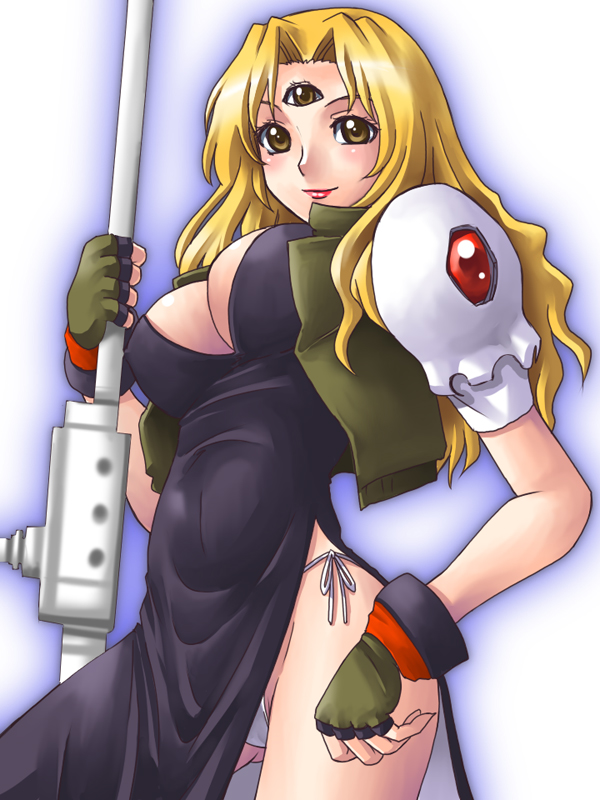 yaso shigeru, opera vectra, star ocean, star ocean: the second story, 1girl, blonde hair, breasts, cleavage, female focus, gradient background, panties, pantyshot, side-tie panties, solo, third eye, underwear