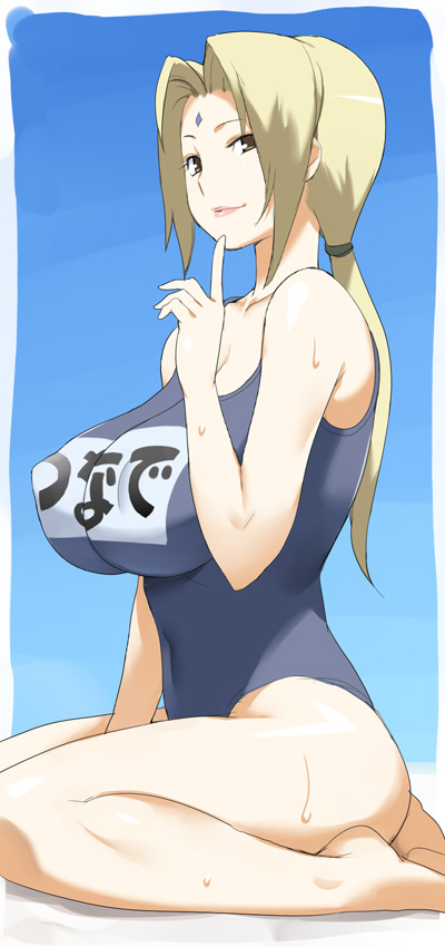 nora higuma, tsunade (naruto), naruto (classic), naruto (series), long image, tall image, 1girl, barefoot, blue background, blue one-piece swimsuit, breasts, clothes writing, female focus, huge breasts, large breasts, low ponytail, mature female, name tag, one-piece swimsuit, ponytail, school swimsuit, solo, swimsuit
