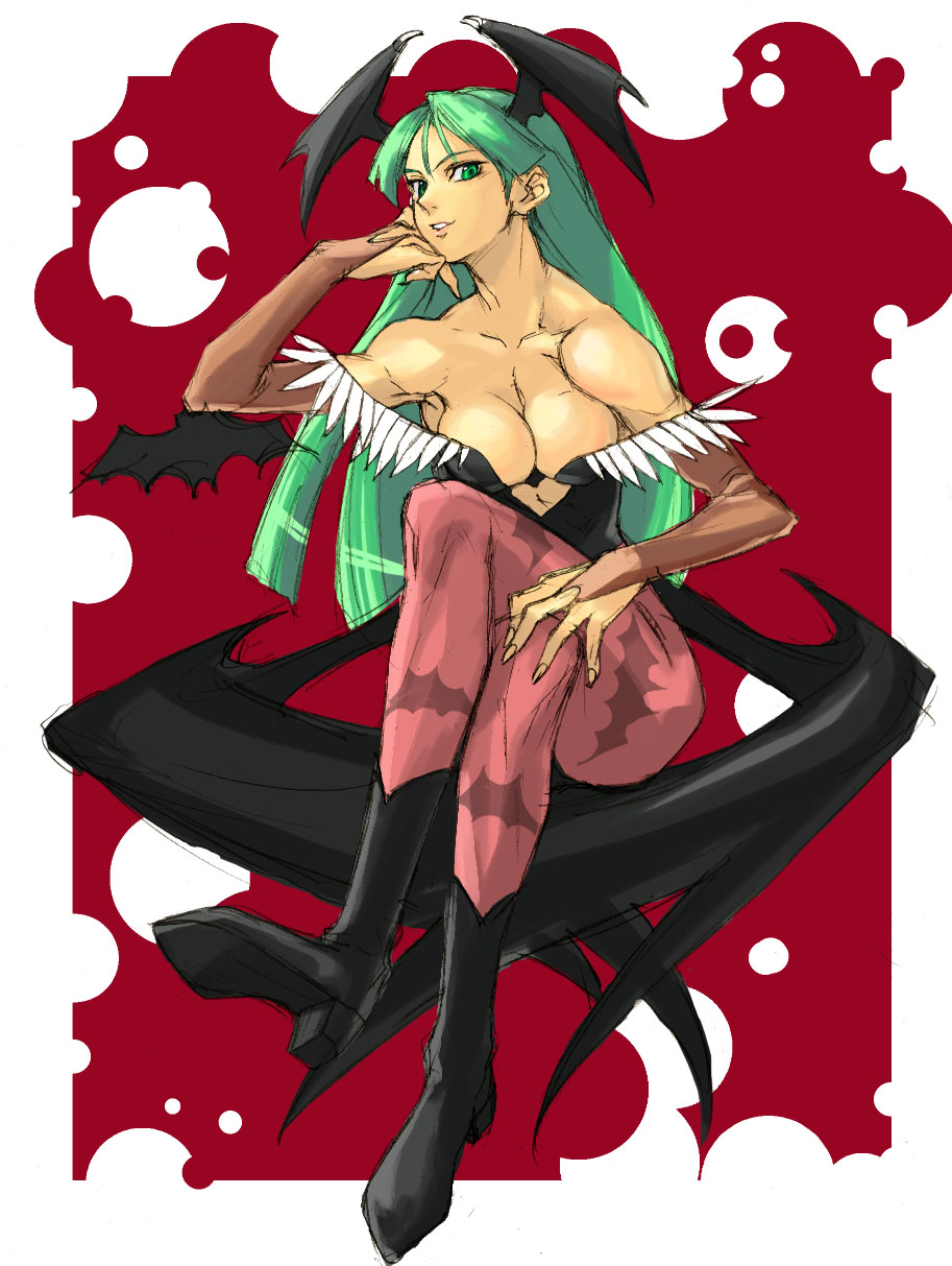 tetsu (kimuchi), morrigan aensland, capcom, darkstalkers, highres, 1girl, animal print, bare shoulders, bat print, black shoes, bridal gauntlets, crossed legs, demon girl, female focus, green eyes, green hair, hand on own chin, head wings, leotard, long hair, low wings, matching hair/eyes, off shoulder, pantyhose, patterned legwear, print pantyhose, shoes, sitting, solo, wings