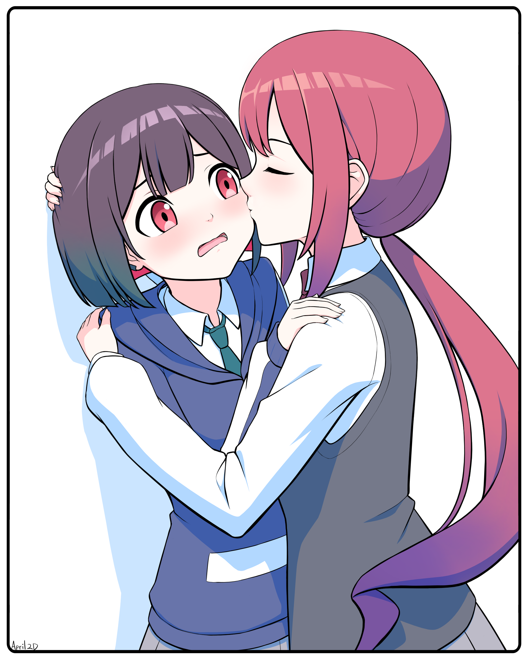 mizutori atori, yuutani yuu, bad girl (manga), absurdres, commentary, highres, 2girls, april 2d, black hair, black vest, blue jacket, closed eyes, collared shirt, colored inner hair, gradient hair, green necktie, hand on another's head, hand on another's shoulder, jacket, kiss, kissing cheek, long hair, multicolored hair, multiple girls, necktie, ponytail, purple hair, red hair, school uniform, shadow, shirt, short hair, simple background, vest, white background, white shirt, yuri