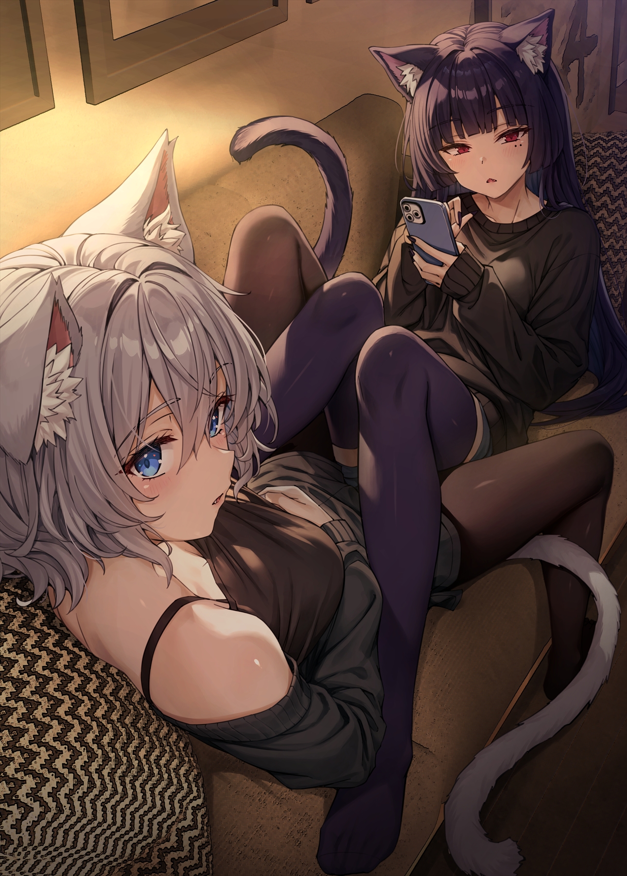 koyuki (kotatsu358), nene (dokusen yoku ga tsuyo sugiru yandere kai neko-chan), dokusen yoku ga tsuyo sugiru yandere kai neko-chan, highres, 2girls, animal ear fluff, animal ears, black shirt, black tank top, blue eyes, blush, breasts, cat ears, cat girl, cat tail, cellphone, couch, grey hair, holding, holding phone, indoors, iphone, large breasts, long hair, long sleeves, lulu (dokusen yoku ga tsuyo sugiru yandere kai neko-chan), mole, mole under eye, multiple girls, pantyhose, parted lips, phone, pillow, purple eyes, red eyes, shirt, short hair, shorts, sitting, smartphone, tail, tank top