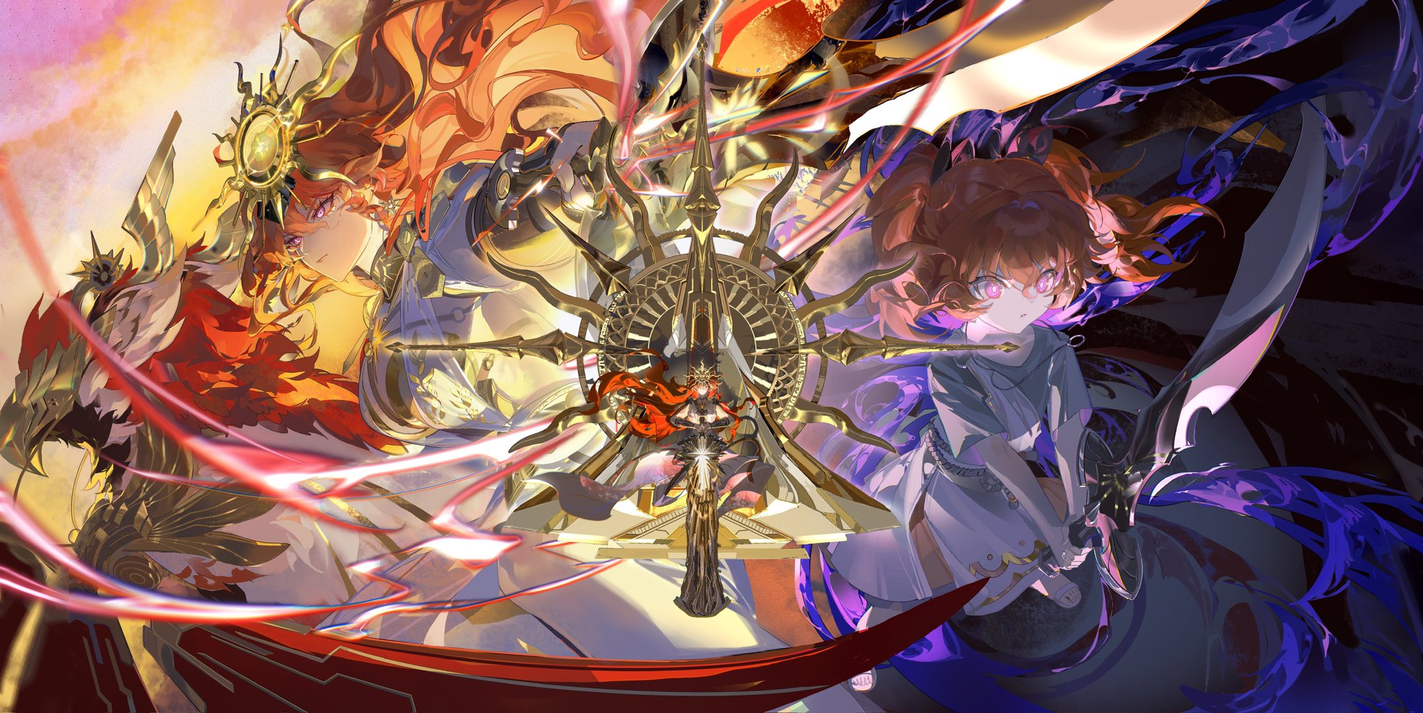 samo (shichun samo), augusta (wuthering waves), wuthering waves, commentary, hashtag-only commentary, highres, 1girl, age comparison, ancient greek clothes, arm armor, closed mouth, dress, greatsword, greco-roman clothes, hair between eyes, headgear, holding, holding sword, holding weapon, long hair, looking ahead, multiple views, orange hair, purple eyes, split theme, sword, tacet discord (wuthering waves), throne, weapon, white dress
