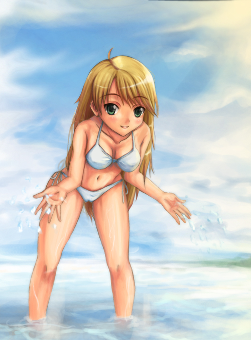 yuki usagi (mofurafu), hoshii miki, idolmaster, idolmaster (classic), idolmaster 1, 00s, 1girl, bikini, blonde hair, cloud, day, female focus, green eyes, long hair, looking at viewer, navel, outdoors, side-tie bikini bottom, sky, solo, standing, swimsuit, wading, white bikini