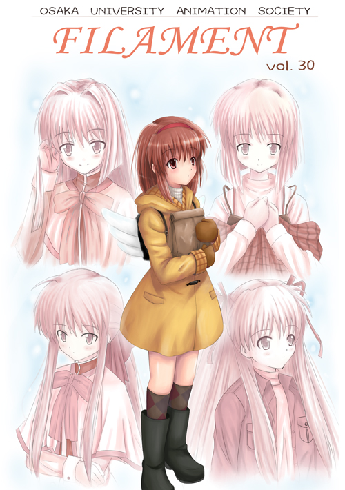 yuki usagi (mofurafu), kawasumi mai, minase nayuki, misaka shiori, sawatari makoto, tsukimiya ayu, kanon, looking away, 5girls, adjusting hair, backpack, bag, blush, brown hair, camisole, capelet, coat, full body, hair intakes, hair ribbon, hairband, hands on own chest, holding, jacket, long hair, looking at viewer, mittens, multiple girls, neck ribbon, package, ponytail, red eyes, ribbon, school uniform, short hair, sidelocks, smile, standing, turtleneck, very long hair, wings