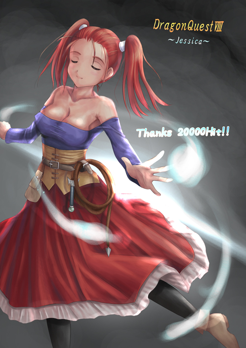 yuki usagi (mofurafu), jessica albert, dragon quest, dragon quest viii, square enix, 1girl, black pantyhose, character name, copyright name, corset, dress, female focus, milestone celebration, pantyhose, purple shirt, shirt, solo, strapless, strapless dress
