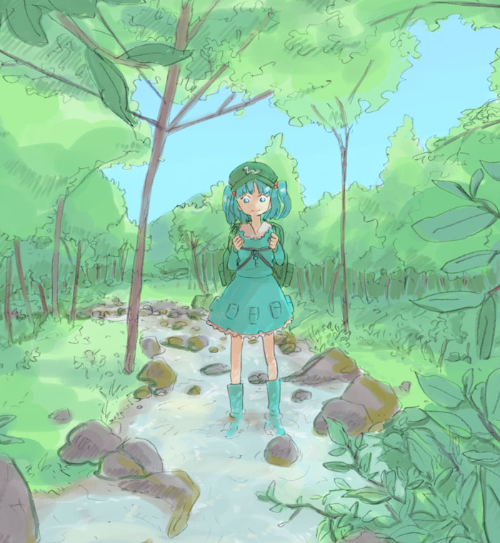 mokeo, kawashiro nitori, touhou, 1girl, female focus, forest, full body, nature, outdoors, sky, solo, stream, two side up, water