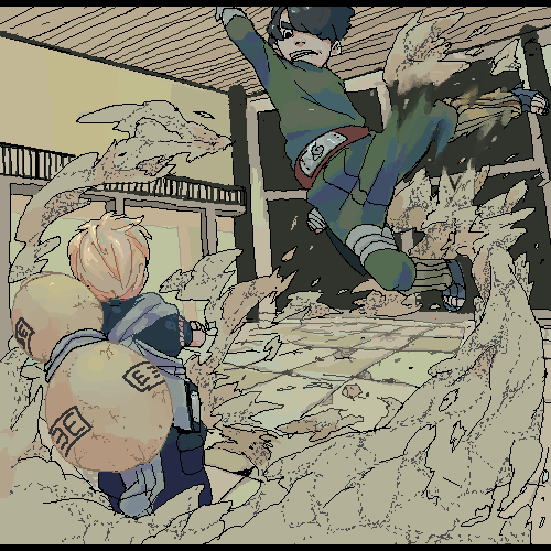 gigi (graffitistelle), gaara (naruto), rock lee, naruto (classic), naruto (series), lowres, 2boys, battle, fighting, gourd, male focus, manly, multiple boys