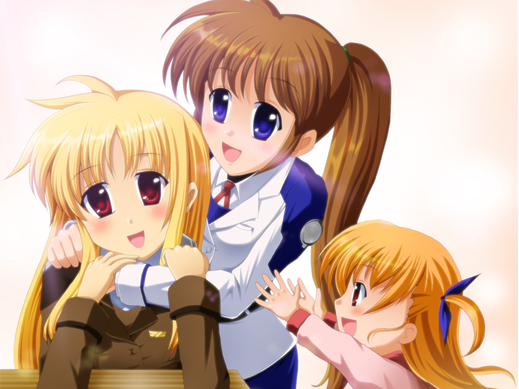 yutanpo, fate testarossa, takamachi nanoha, vivio, lyrical nanoha, mahou shoujo lyrical nanoha, mahou shoujo lyrical nanoha strikers, 00s, 3girls, blonde hair, brown hair, long hair, military, military uniform, multiple girls, open mouth, ponytail, side ponytail