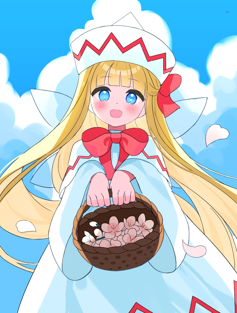 chimi (s2yuyukos2), lily white, touhou, commentary, 1girl, basket, blonde hair, blue eyes, blue sky, blush, bow, bowtie, capelet, cherry blossoms, cloud, day, dress, fairy, fairy wings, falling petals, flower, hat, hat bow, holding, holding basket, long hair, long sleeves, looking at viewer, open mouth, petals, pink flower, pink petals, red bow, red bowtie, sky, smile, solo, white capelet, white dress, white hat, wide sleeves, wings