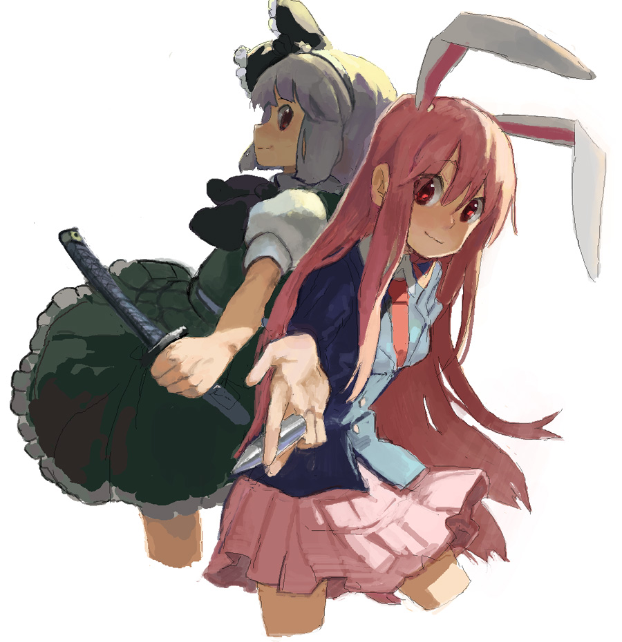 gigi (graffitistelle), kazune (baumkuchen), konpaku youmu, reisen udongein inaba, touhou, artist collaboration, bad id, bad pixiv id, 2girls, animal ears, back-to-back, blazer, bullet, female focus, jacket, katana, multiple girls, pleated skirt, rabbit ears, sketch, skirt, sword, weapon, white background