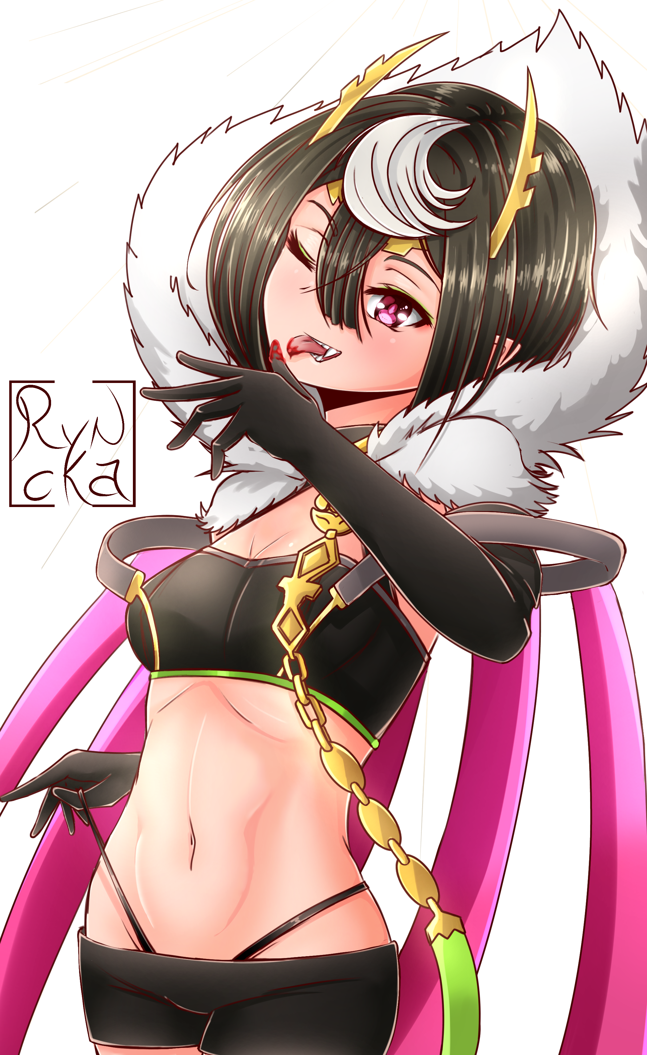 ryncka, ariel (kumo desu ga nani ka?), kumo desu ga nani ka?, 1girl, arm at side, artist name, black gloves, black hair, black panties, black shorts, black tube top, blood, breasts, cape, cleavage, cowboy shot, elbow gloves, eyelashes, fangs, female focus, fur-trimmed cape, fur trim, gloves, hand up, highleg, highleg panties, licking blood, looking at viewer, lowleg, lowleg shorts, midriff, monster girl, multicolored hair, navel, one eye closed, panties, petite, pink cape, red eyes, shorts, simple background, small breasts, smug, solo, standing, strapless, tongue, tongue out, tube top, two-tone cape, two-tone hair, underwear, white background, white cape, white hair