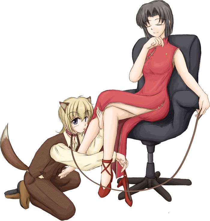 mizuno youko, satou sei, maria-sama ga miteru, 00s, 2girls, animal ears, barefoot, black hair, blonde hair, china dress, chinese clothes, closed eyes, collar, crossed legs, dog ears, dress, leash, multiple girls, single shoe, sitting, smile