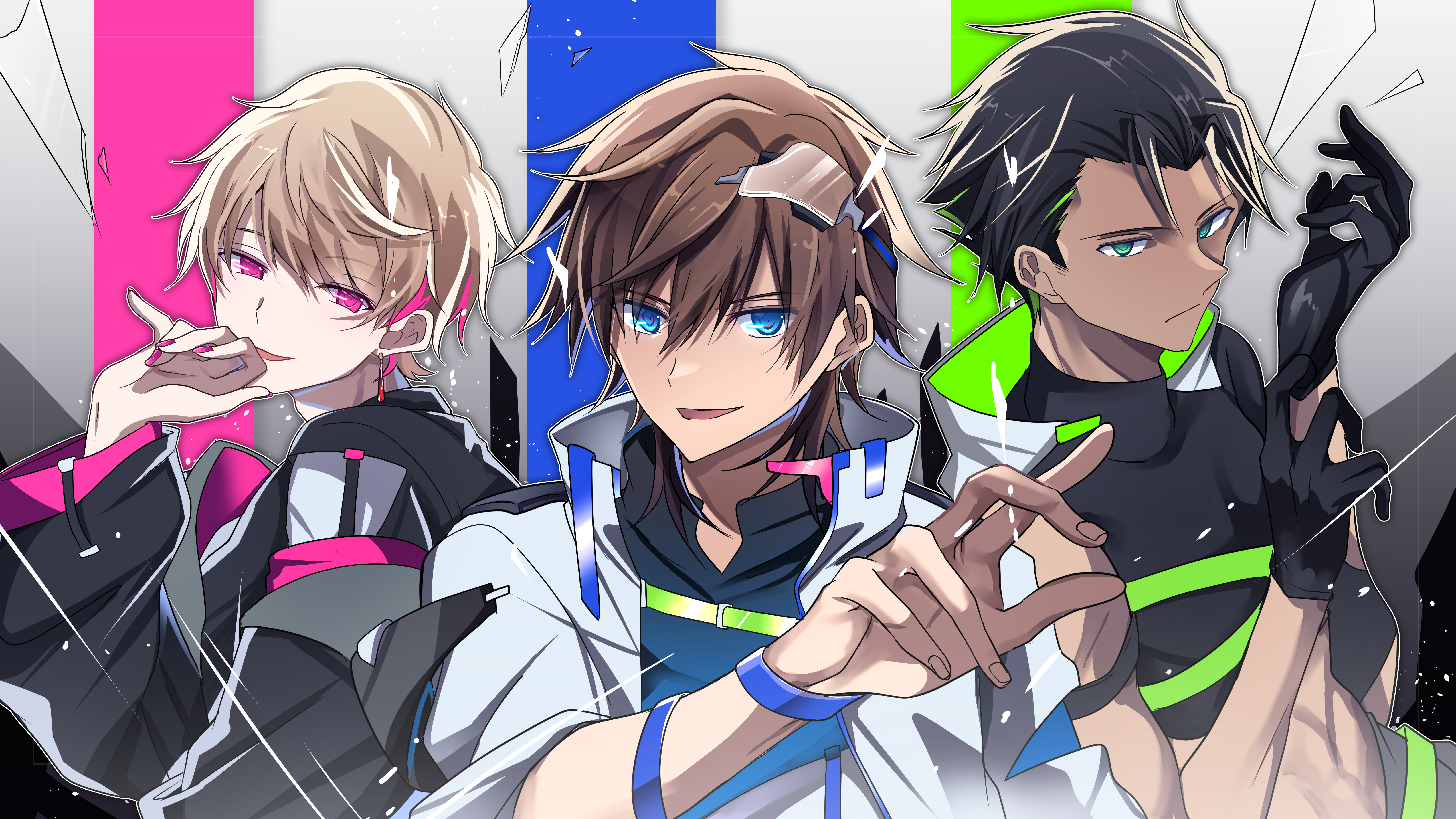 yuken 52, kyo (vocaloid), wil (vocaloid), yuu (vocaloid), vocaloid, zola project, absurdres, commentary request, highres, 3boys, adjusting clothes, adjusting gloves, black gloves, black hair, black jacket, black shirt, blonde hair, blue eyes, bracelet, brown hair, cropped shirt, dark-skinned male, dark skin, gloves, green eyes, jacket, jewelry, looking at viewer, looking to the side, male focus, midriff, multiple boys, open mouth, pink hair, pink nails, shirt, short hair, smile, upper body, white jacket