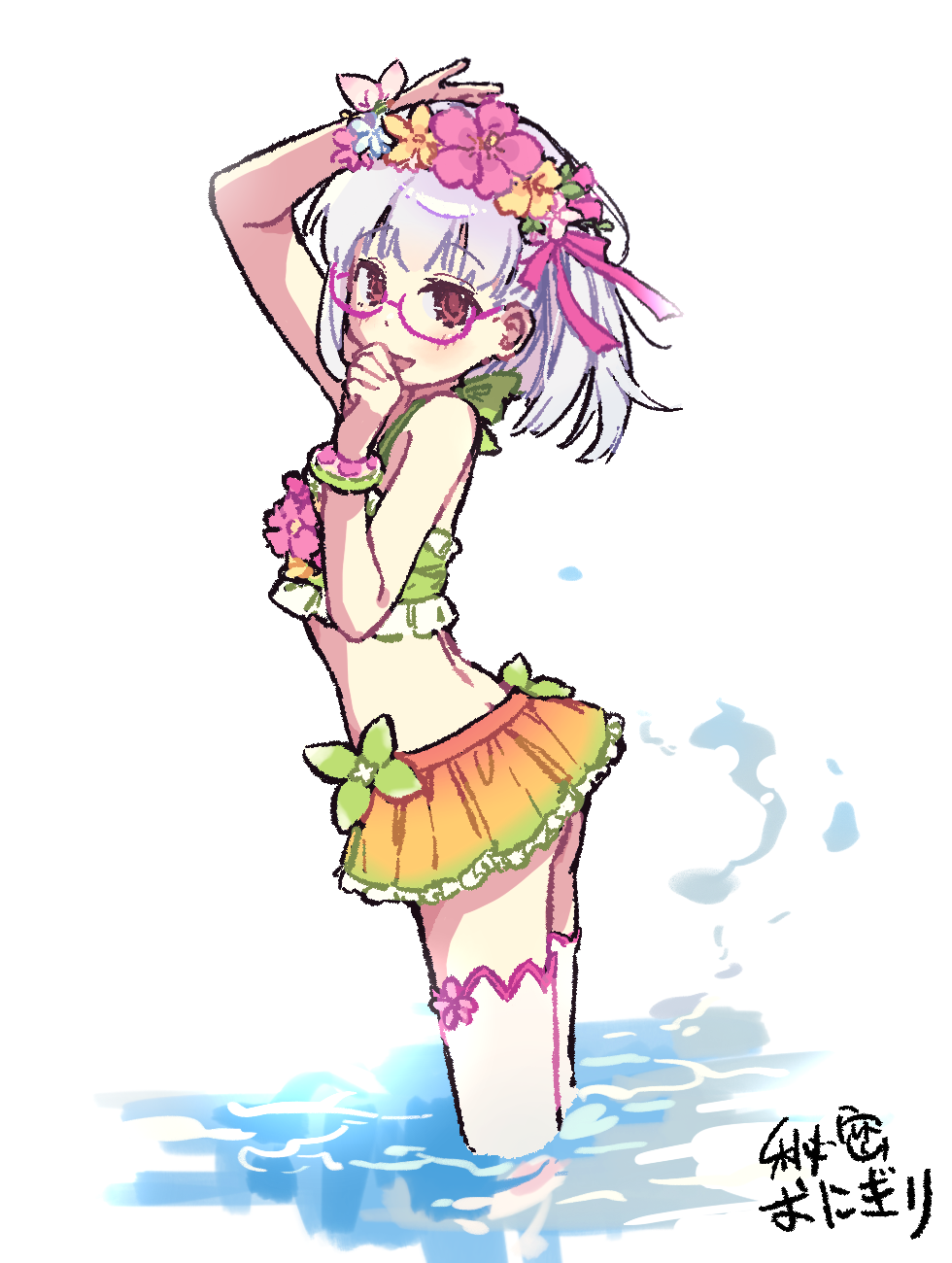 himitsu onigiri, kama (fate), kama (first ascension) (fate), kama (swimsuit avenger) (first ascension) (fate), kama (young) (fate), fate/grand order, fate (series), highres, 1girl, bare shoulders, bikini, blush, breasts, flower wreath, glasses, green bikini, hair ribbon, head wreath, looking at viewer, miniskirt, open mouth, rainbow skirt, red eyes, ribbon, short hair, skirt, small breasts, smile, solo, swimsuit, thighhighs, thighs, wading, water, white hair, white thighhighs