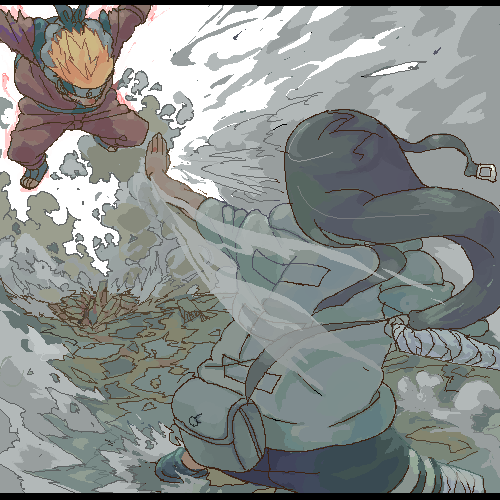 gigi (graffitistelle), hyuuga neji, uzumaki naruto, naruto (classic), naruto (series), lowres, 2boys, bag, bandages, battle, belt, black hair, blonde hair, explosion, fighting, headband, logo, long hair, male focus, multiple boys, oekaki, outstretched arm, smoke, spiked hair