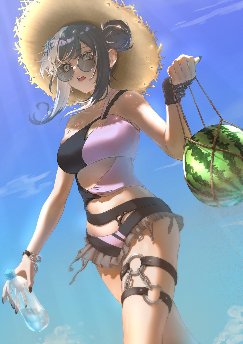 suico (artist), shiori novella, shiori novella (holonatsu paradise), hololive, hololive english, highres, 1girl, arm strap, bikini, black bikini, black hair, breasts, double bun, grey hair, hair bun, large breasts, long hair, looking at viewer, multicolored bikini, multicolored hair, o-ring, o-ring thigh strap, official alternate costume, official alternate hairstyle, one-piece swimsuit, purple bikini, purple one-piece swimsuit, single-shoulder one-piece swimsuit, smile, solo, split-color hair, swimsuit, thigh strap, two-tone bikini, two-tone hair, virtual youtuber, yellow eyes
