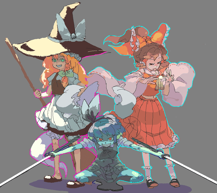 gigi (graffitistelle), hakurei reimu, kirisame marisa, konpaku youmu, konpaku youmu (ghost), touhou, 3girls, blonde hair, broom, female focus, katana, multiple girls, sword, weapon