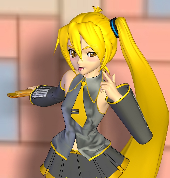kio(artist), kio (kiomodel3), akita neru, vocaloid, mikumikudance (medium), 1girl, 3d, :p, blonde hair, blush, cellphone, detached sleeves, female focus, long hair, miniskirt, necktie, phone, side ponytail, skirt, solo, tongue, tongue out, tsundere, very long hair, yellow eyes