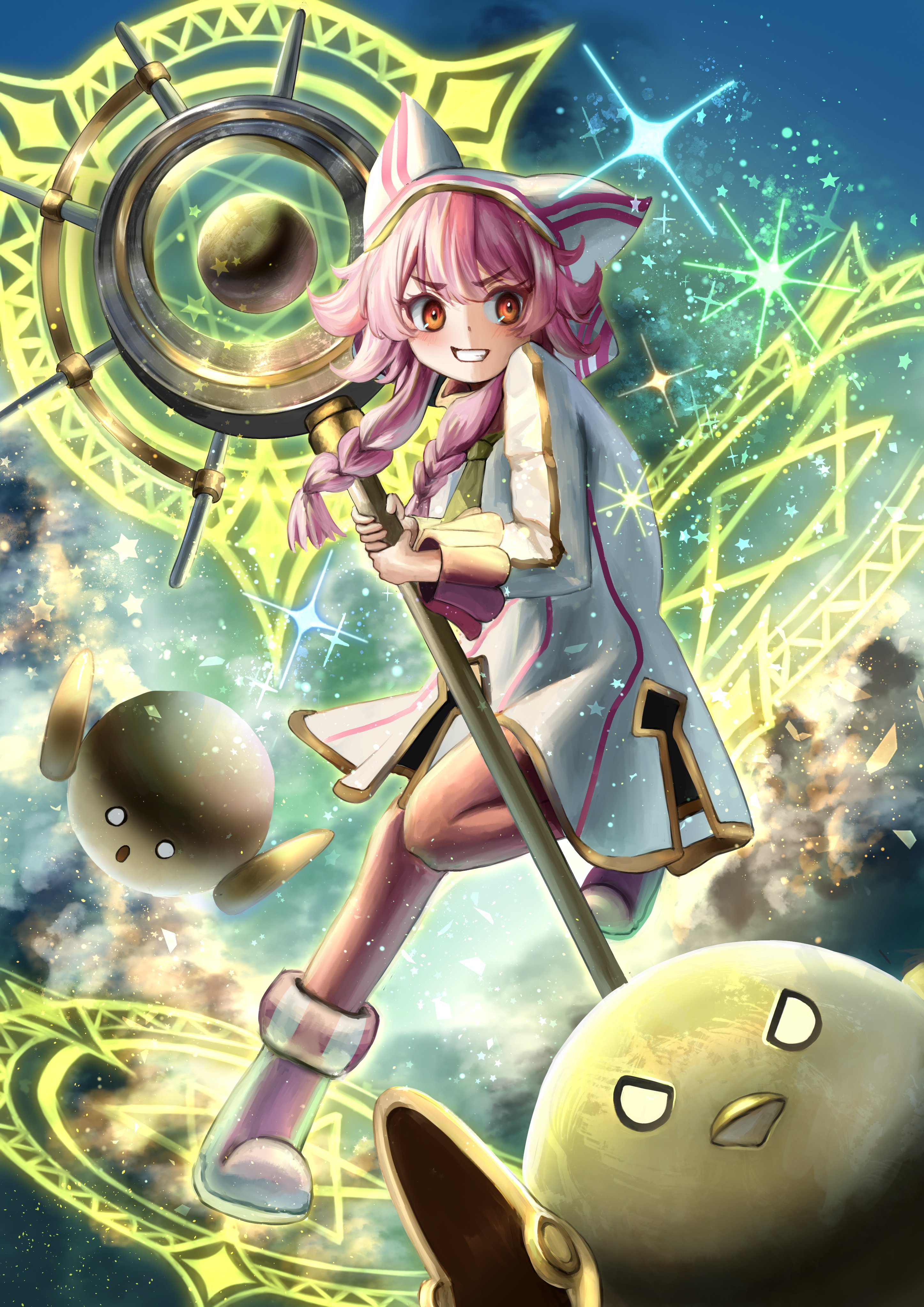 osam, duel masters, absurdres, highres, 1girl, animal ear headwear, animal ears, braid, clenched teeth, cotton izanai's prophecy, fake animal ears, floating, full body, gradient background, holding, holding staff, kuruto (duel masters), long sleeves, magic circle, necktie, non-humanoid robot, orange eyes, pantyhose, pink hair, pink necktie, robot, robot animal, sailor collar, shirt, shoes, sky, sparkle, staff, striped clothes, striped pantyhose, teeth, twin braids, vertical-striped clothes, vertical-striped pantyhose, white shirt, white shoes